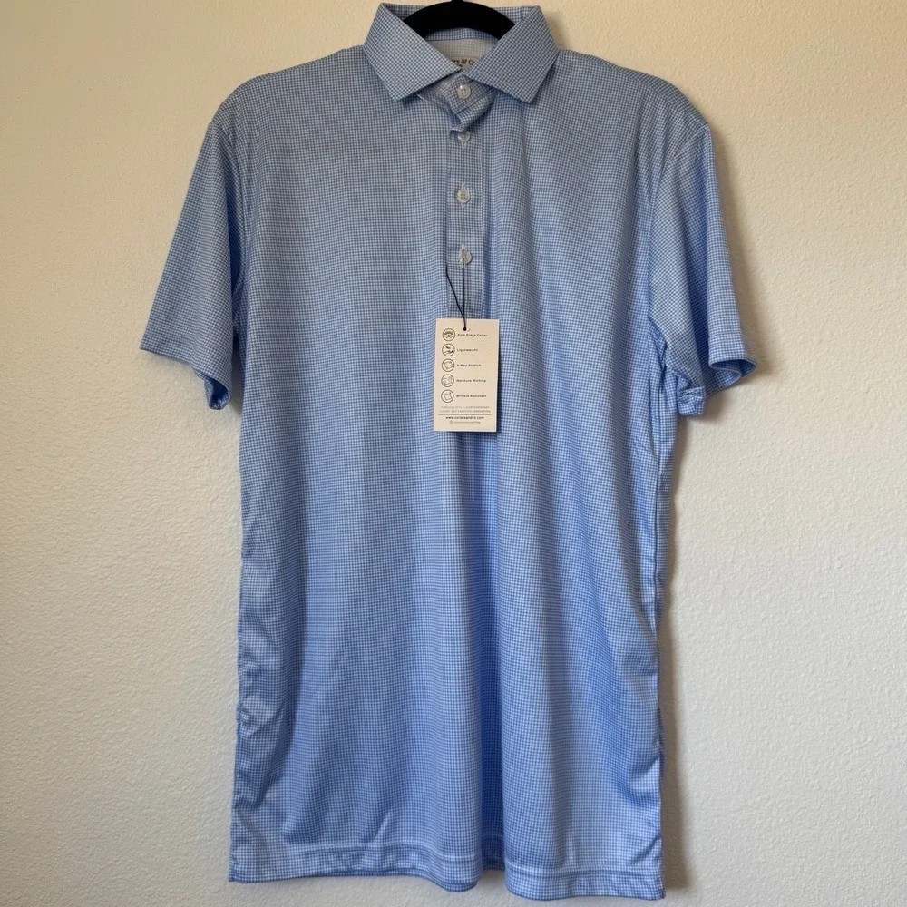 Collars & Co Mens S Blue Houndstooth Dress Collar Polo Shirt 4-Way Stretch NWT